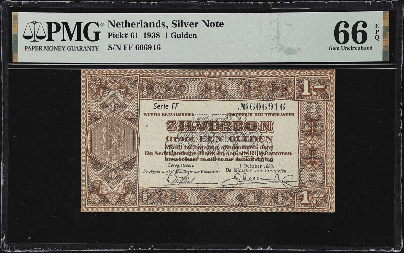 NETHERLANDS. Silver Note. 1 Gulden, 1938. P-61. PMG Gem Uncirculated 66 EPQ.

...