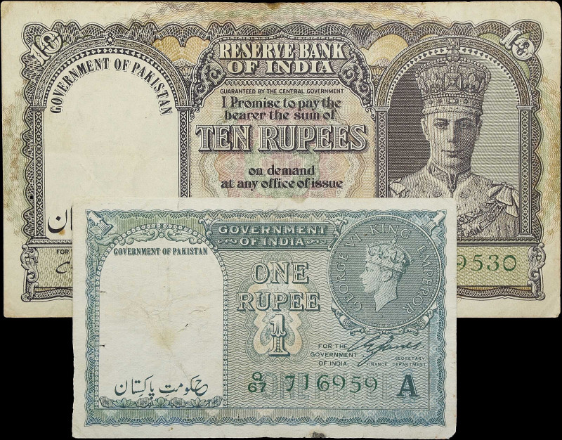 PAKISTAN. Lot of (2). Government of Pakistan. 1 & 10 Rupees, 1940-48. P-1 & 3. F...