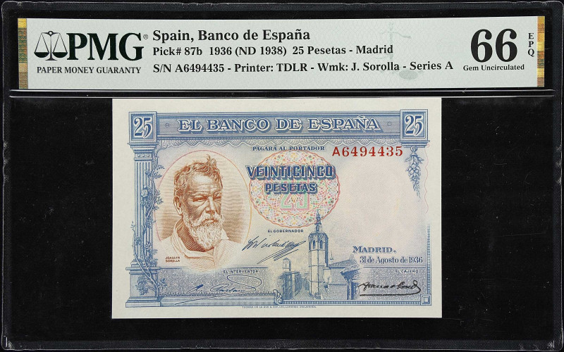 SPAIN. Banco de Espana. 25 Pesetas, 1936 (ND 1938). P-87b. PMG Gem Uncirculated ...