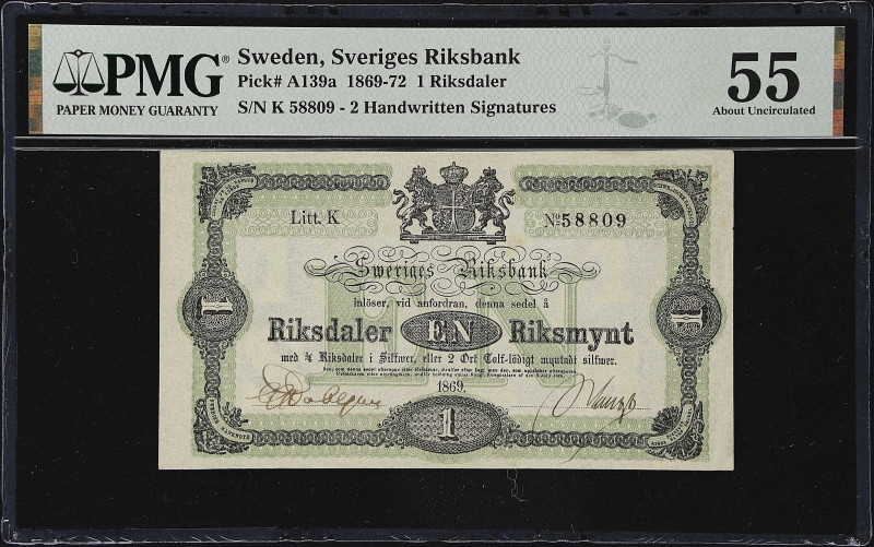 SWEDEN. Sveriges Riksbank. 1 Riksdaler, 1869. P-A139a. PMG About Uncirculated 55...