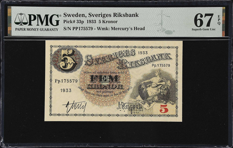 SWEDEN. Sveriges Riksbank. 5 Kronor, 1933. P-33p. PMG Superb Gem Uncirculated 67...