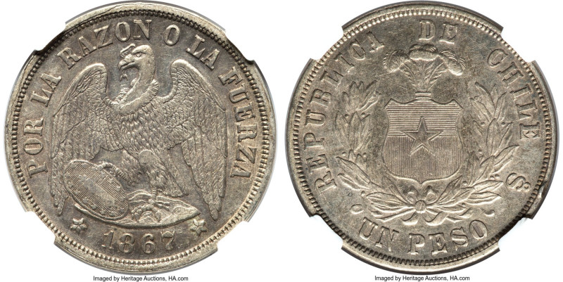 Republic Peso 1867-So AU55 NGC, Santiago mint, KM142.1. Variety with denominatio...