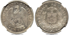 Republic Peso 1867-So AU55 NGC, Santiago mint, KM142.1. Variety with denomination written as "Un Peso". The inaugural year for this long-lasting serie...