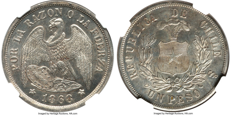 Republic Peso 1868-So MS62 NGC, Santiago mint, KM142.1. Second year of issue. Am...