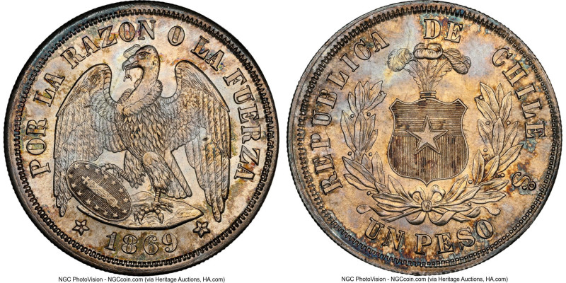 Republic Peso 1869-So MS66 NGC, Santiago mint, KM142.1. Highly impressive, this ...