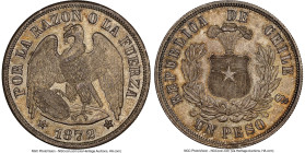 Republic Peso 1872-So MS65 NGC, Santiago mint, KM142.1. Tastefully toned and brilliant, the sole finest recorded by NGC. From the Colección Val y Mexí...