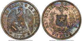 Republic Peso 1872/1-So AU Details (Artificial Toning) NGC, Santiago mint, cf. KM142.1 (overdate unlisted). With blushes of luster under the colorful ...