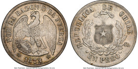 Republic Peso 1873/2-So MS63 NGC, Santiago mint, KM142.1. The sole finest graded by NGC. From the Colección Val y Mexía of Chilean Coins, Part III HID...