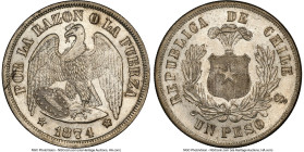 Republic Peso 1874-So MS63+ NGC, Santiago mint, KM142.1. Worthy of its plus designation, this blooming piece is only bested by a single MS64. From the...