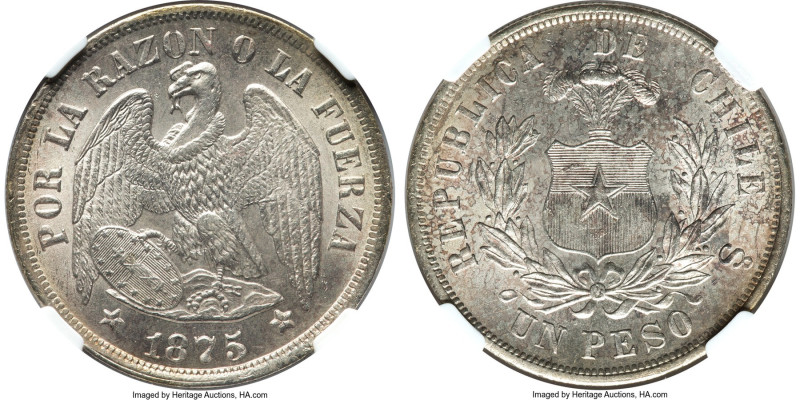 Republic Peso 1875-So MS65 NGC, Santiago mint, KM142.1. Radiant and minimally to...