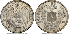 Republic Peso 1877-So MS64 NGC, Santiago mint, KM142.1. A brilliant piece, shy of a Gem designation. From the Colección Val y Mexía of Chilean Coins, ...