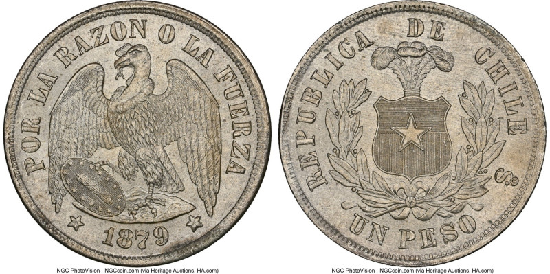 Republic Peso 1879-So MS65 NGC, Santiago mint, KM142.1. An impressive Gem, only ...