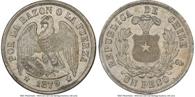 Republic Peso 1879-So MS65 NGC, Santiago mint, KM142.1. An impressive Gem, only topped by a single MS66. From the Colección Val y Mexía of Chilean Coi...