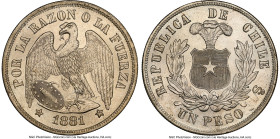 Republic Peso 1881-So MS65 NGC, Santiago mint, KM142.1. A lightly toned Gem, bested by a singled MS66. From the Colección Val y Mexía of Chilean Coins...