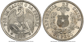 Republic Peso 1882/1-So MS65+ NGC, Santiago mint, KM142.1. Worthy of its plus designation, this appealing Gem is in the cusp of the certified populati...