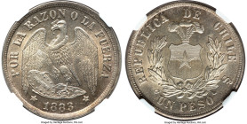 Republic Peso 1883-So MS64 NGC, Santiago mint, KM142.1. Original issue, round top 3 variety. Shy of a Gem grade. From the Colección Val y Mexía of Chi...
