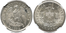Republic Peso 1883/2-So MS63 NGC, Santiago mint, KM142.1. Original issue, round top 3 variety. A Choice survivor. From the Colección Val y Mexía of Ch...