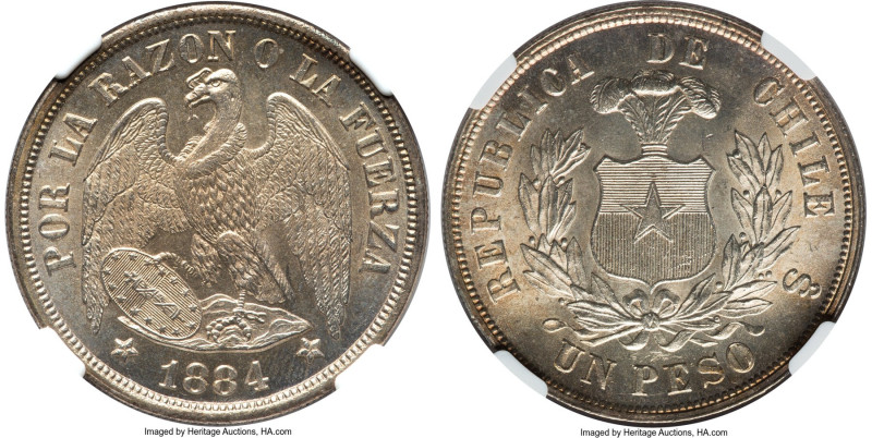 Republic Peso 1884-So MS65 NGC, Santiago mint, KM142.1. A gently toned Gem. From...