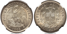Republic Peso 1885/3-So MS63 NGC, Santiago mint, KM142.1. A Choice golden piece with a top-pop grade. From the Colección Val y Mexía of Chilean Coins,...
