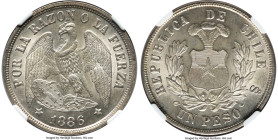 Republic Peso 1886-So MS64 NGC, Santiago mint, KM142.1. A mostly white, shimmering piece. From the Colección Val y Mexía of Chilean Coins, Part III HI...