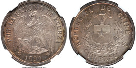 Republic Peso 1890/80-So MS66 NGC, Santiago mint, KM142.1. The finest by two points, this premium Gem offers an enchanting fiery tone. From the Colecc...