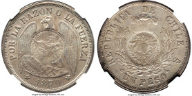 Republic Counterstamped Peso 1894 MS61 NGC, KM216. Host: Chile Republic Peso 1870-So (KM142.1); Counterstamp: Guatemala 1/2 Real (UNC Standard). A str...