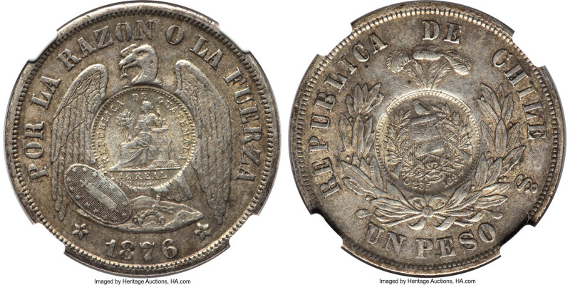 Republic Counterstamped Peso 1894 AU55 NGC, KM216. Host: Chile Republic Peso 187...