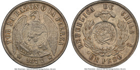 Republic Counterstamped Peso 1894 MS62 NGC, KM216. Host: Chile Republic Peso 1877-So (KM142.1); Counterstamp: Guatemala 1/2 Real (UNC Strong). Nearing...