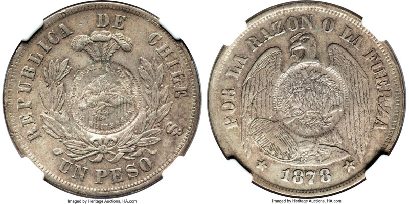 Republic Counterstamped Peso 1894 AU55 NGC, KM216. Host: Chile Republic Peso 187...