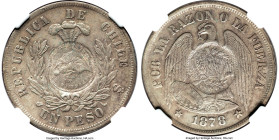 Republic Counterstamped Peso 1894 AU55 NGC, KM216. Host: Chile Republic Peso 1878-So (KM142.1); Counterstamp: Guatemala 1/2 Real (UNC Standard). Laden...