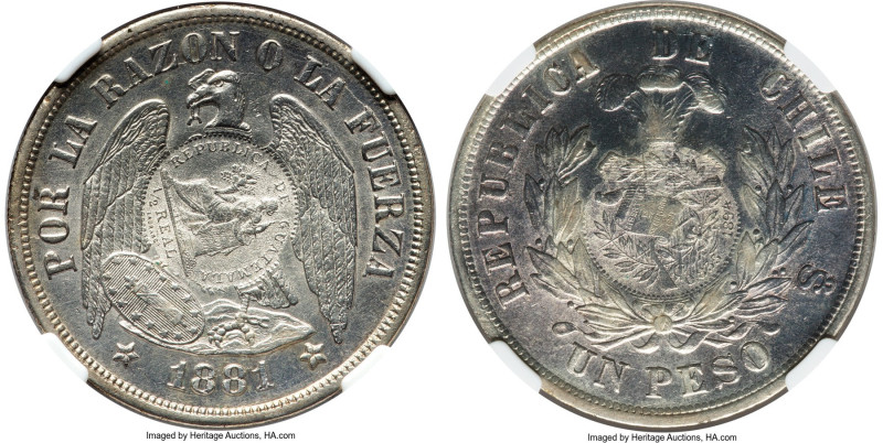 Republic Counterstamped Peso 1894 AU55 NGC, KM216. Host: Chile Republic Peso 188...