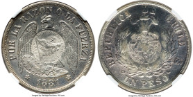 Republic Counterstamped Peso 1894 AU55 NGC, KM216. Host: Chile Republic Peso 1881-So (KM142.1); Counterstamp: Guatemala 1/2 Real (AU Standard). From t...