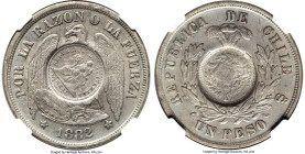 Republic Counterstamped Peso 1894 AU55 NGC, KM216. Host: Chile Republic Peso 1882/1-So (KM142.1); Counterstamp: Guatemala 1/2 Real (AU Standard). From...