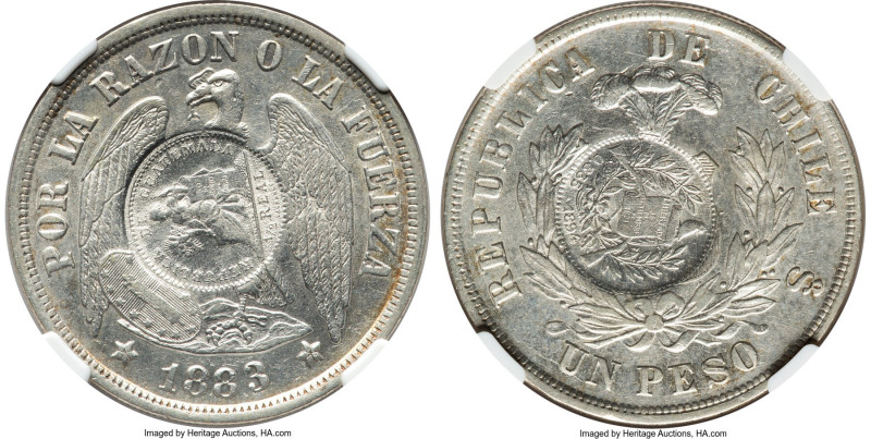 Republic Counterstamped Peso 1894 AU58 NGC, KM216. Host: Chile Republic Peso 188...