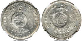 Republic Counterstamped Peso 1894 AU58 NGC, KM216. Host: Chile Republic Peso 1883-So (KM142.1); Counterstamp: Guatemala 1/2 Real (UNC Standard). Borde...