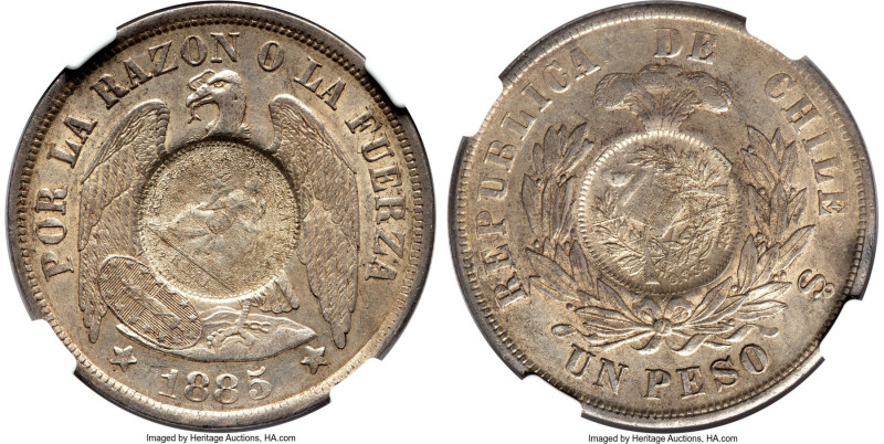 Republic Counterstamped Peso 1894 AU58 NGC, KM216. Host: Chile Republic Peso 188...