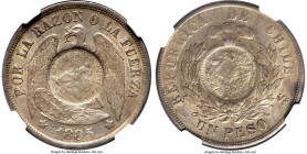 Republic Counterstamped Peso 1894 AU58 NGC, KM216. Host: Chile Republic Peso 1885/4-So (KM142.1); Counterstamp: Guatemala 1/2 Real (UNC Standard). A h...
