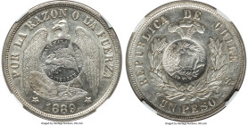 Republic Counterstamped Peso 1894 AU58 NGC, KM216. Host: Chile Republic Peso 1889-So (KM142.1); Counterstamp: Guatemala 1/2 Real (UNC Standard). Seemi...