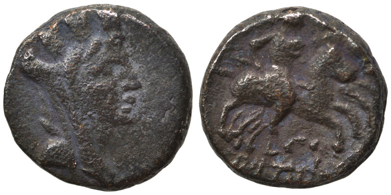 Greek. Ae (bronze, 3.36 g, 14 mm). Head of Tyche right. Rev. Horseman left. Good...