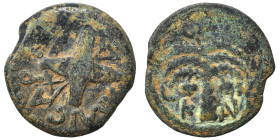 JUDAEA. Procurators. Antonius Felix, 52-59. Prutah (bronze, 2.62 g, 17 mm), Jerusalem, struck under Nero Claudius Caesar and Britannicus. NEPΩ KΛAY KA...