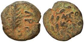 JUDAEA. Procurators, Porcius Festus 59-62. Prutah (bronze, 2.11 g, 16 mm), Jerusalem. NЄP-ѠNO-C in three lines within wreath. Rev. L Є KAIC-APOC Palm ...
