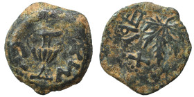 JUDAEA. First Jewish War, 66-70 AD. Prutah (bronze, 2.95 g, 17 mm). Amphora. Rev. Vine leaf on branch with tendril. Hendin 1360; Meshorer 196. Very fi...