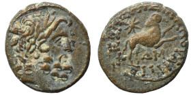SYRIA, Seleucis and Pieria. Antioch. Pseudo-autonomous issue, time of Augustus, 27 BC-14 AD. Ae (bronze, 6.58 g, 20 mm), 13/14 AD. Laureate head of Ze...