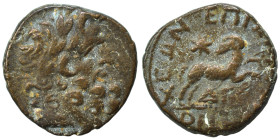 SYRIA, Seleucis and Pieria. Antioch. Pseudo-autonomous issue, time of Augustus, 27 BC-14 AD. Ae (bronze, 4.10 g, 18 mm), 13/14 AD. Laureate head of Ze...