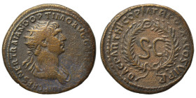 Trajan, 98-117. As (orichalcum, 9.35 g, 23 mm), Rome, for use in Syria. IMP CAES NER TRAIANO OPTIMO AVG GERM Radiate bust of Trajan to right, with sli...