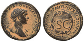 Trajan, 98-117. As (orichalcum, 9.18 g, 23 mm), Rome, for use in Syria. IMP CAES NER TRAIANO OPTIMO AVG GERM Radiate bust of Trajan to right, with sli...
