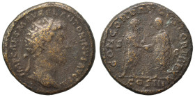 Marcus Aurelius, 161-180. As (bronze, 12.52 g, 26 mm), Rome. IMP CAES M AVREL ANTONINVS AVG P M Laureate bust right, with slight drapery. Rev. CONCORD...
