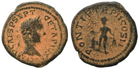 Geta, 209-211. Ae Limes Denarius (bronze, 3.45 g, 20 mm), uncertain mint. IMP CAES P SEPT GETA PIVS AVG Laureate head of Geta to right. Rev. PONTIF TR...
