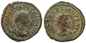 Aurelian, with Vabalathus, 270-275. Antoninianus (bronze, 2.89 g, 20 mm), Antioch. IMP C AVRELIANVS AVG Radiate and cuirassed bust of Aurelian right; ...