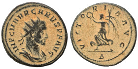 Carus, 282-283. Antoninianus (bronze, 3.94 g, 22 mm), Rome. IMP C M AVR CARVS P F AVG Radiate, draped, and cuirassed bust of Carus right. Rev. VICTORI...